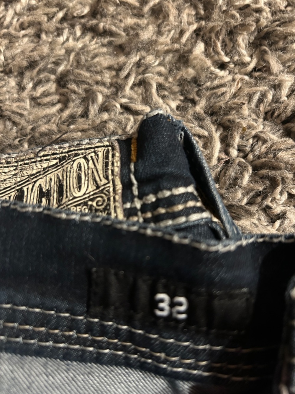 Affliction Men’s Dark Blue Bootcut Jeans with White Contrast Stitching - Picture 2 of 5